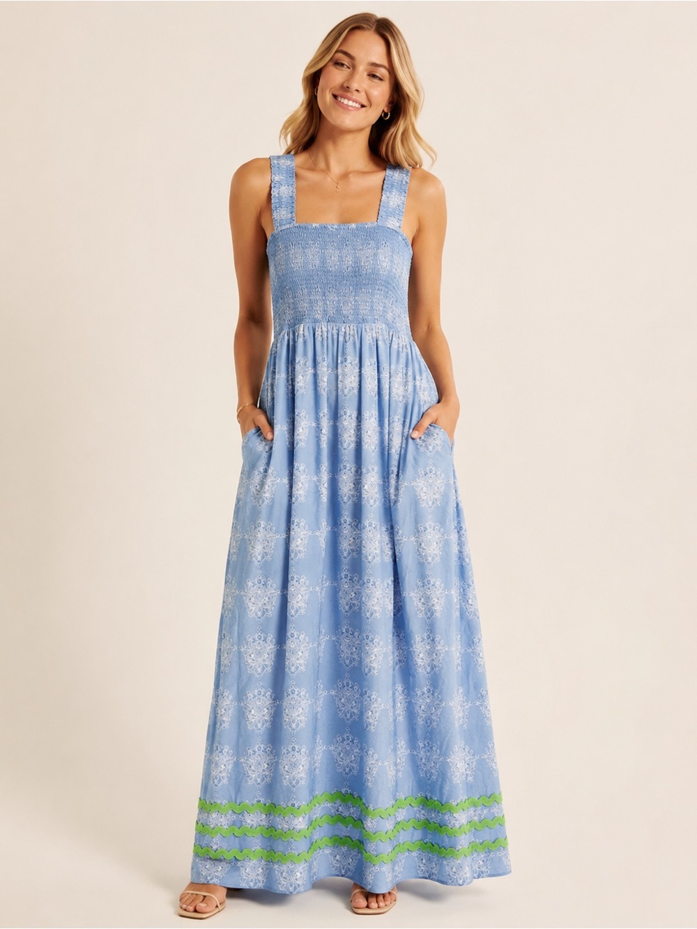 Sail To Sable Blue Green Smocked Maxi Dress Size Large